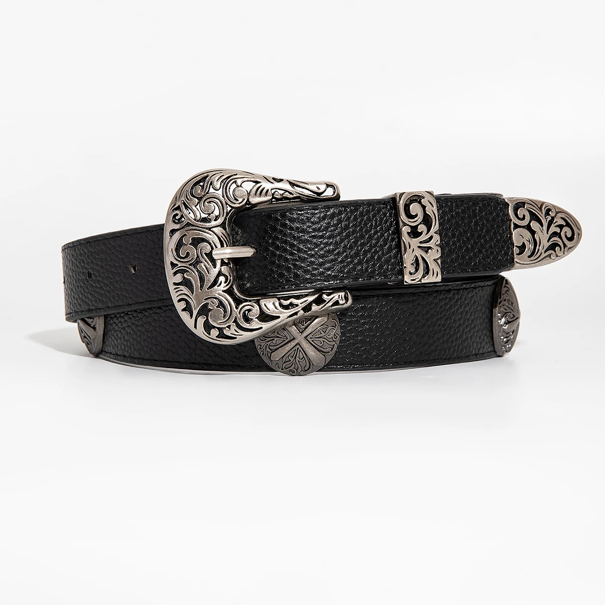 1pc unisex punk retro embossed buckle lychee-patterned PU leather belt with vintage metal decorative buttons