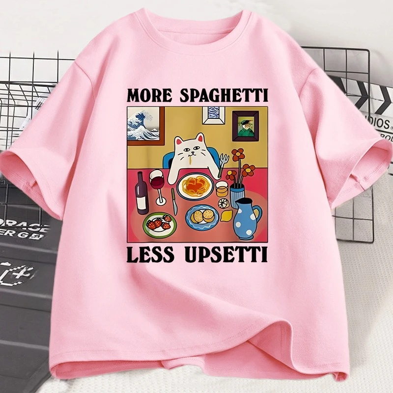 المزيد من السباغيتي أقل Upsetti مضحك القط تي شيرت الرجال النساء مطبوعة تي شيرت Harajuku س الرقبة القطن قصير الأكمام تي شيرت القط عاشق