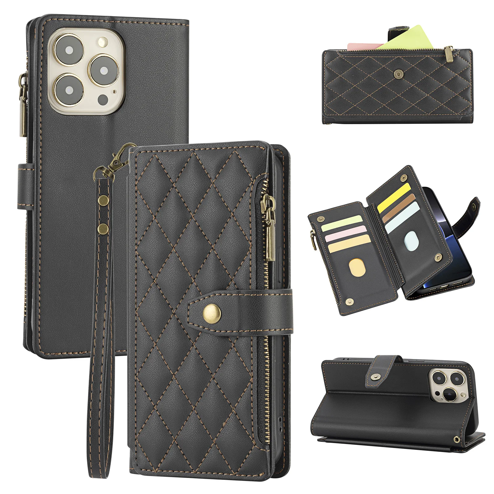 Flip Cover Schutzhülle für iPhone 17 Pro Max/16/15/14/13/12/11 Pro Brieftaschen-Handyhülle mit Kartenhalter, Handschlaufe, Reißverschlusstasche für Münzen, Kunstleder-Handyhülle