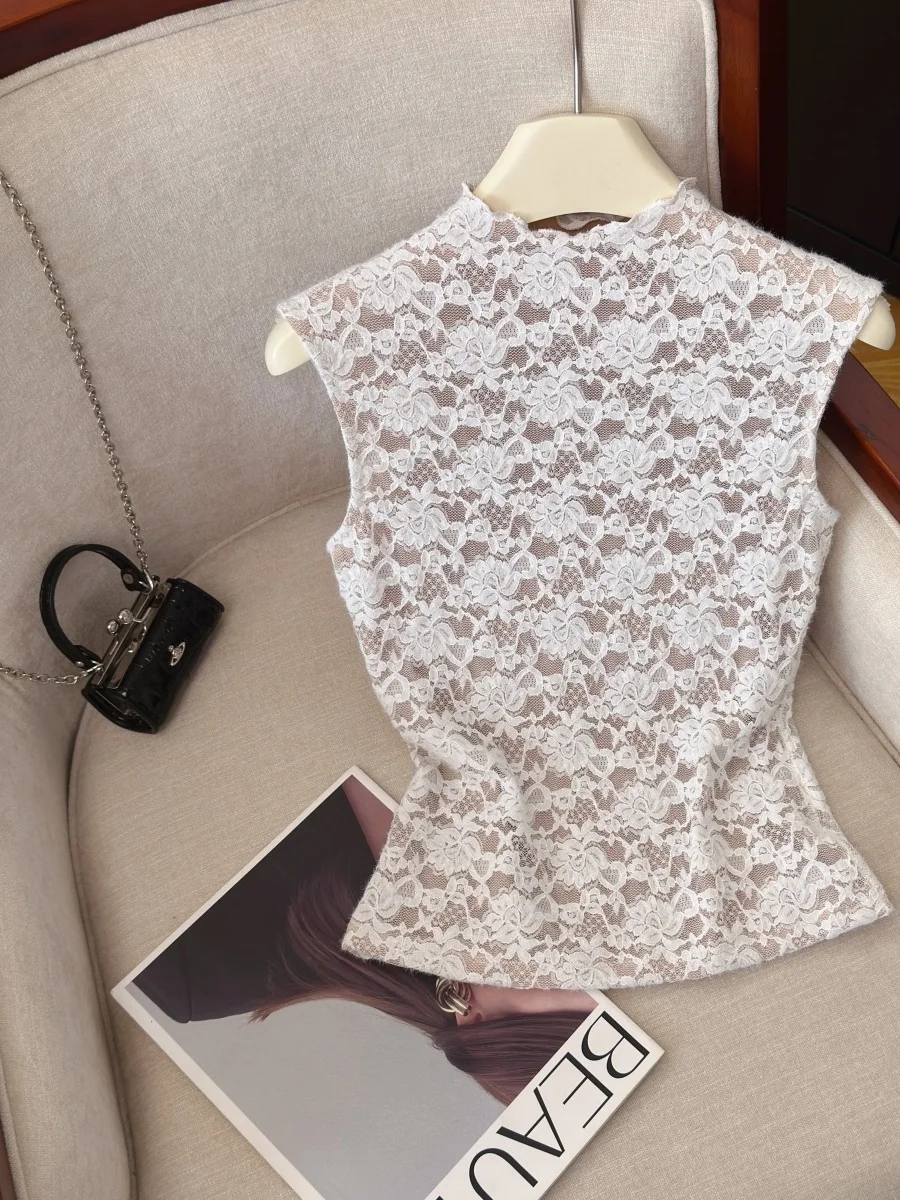 

Korean Style Sexy Lace Trim Fit Vest Women's Summer Fashion Top Nude Inner Prevents Light Sensation Sexy Shirt
