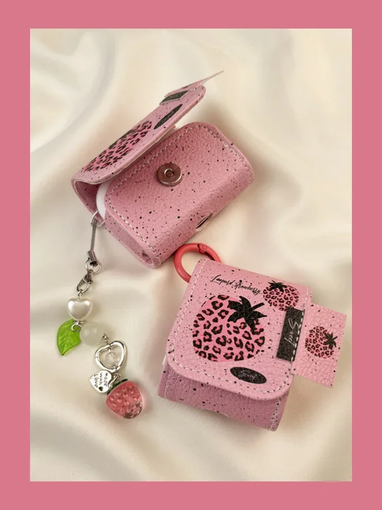 Sweet and Spicy Pink Leopard Strawberry Case for Airpods1/2/3/pro Wireless Bluetooth Headphone Case Leather with Charm Chain