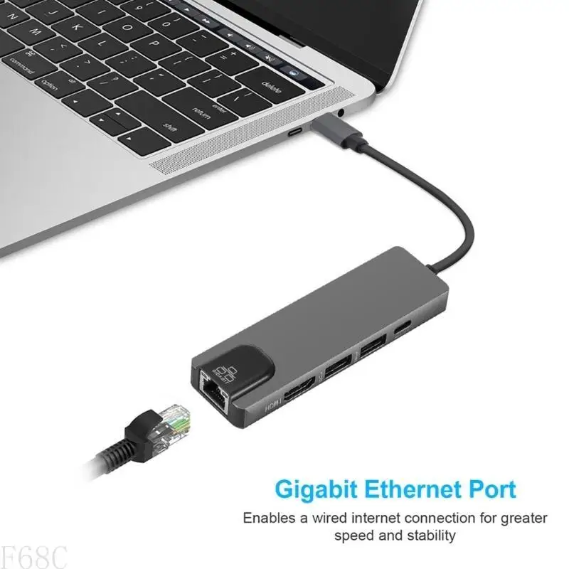 F68C 5 USB C Hubs Typ C bis 4K Adapter mit RJ45 Networking Ethernet LAN -Ladung