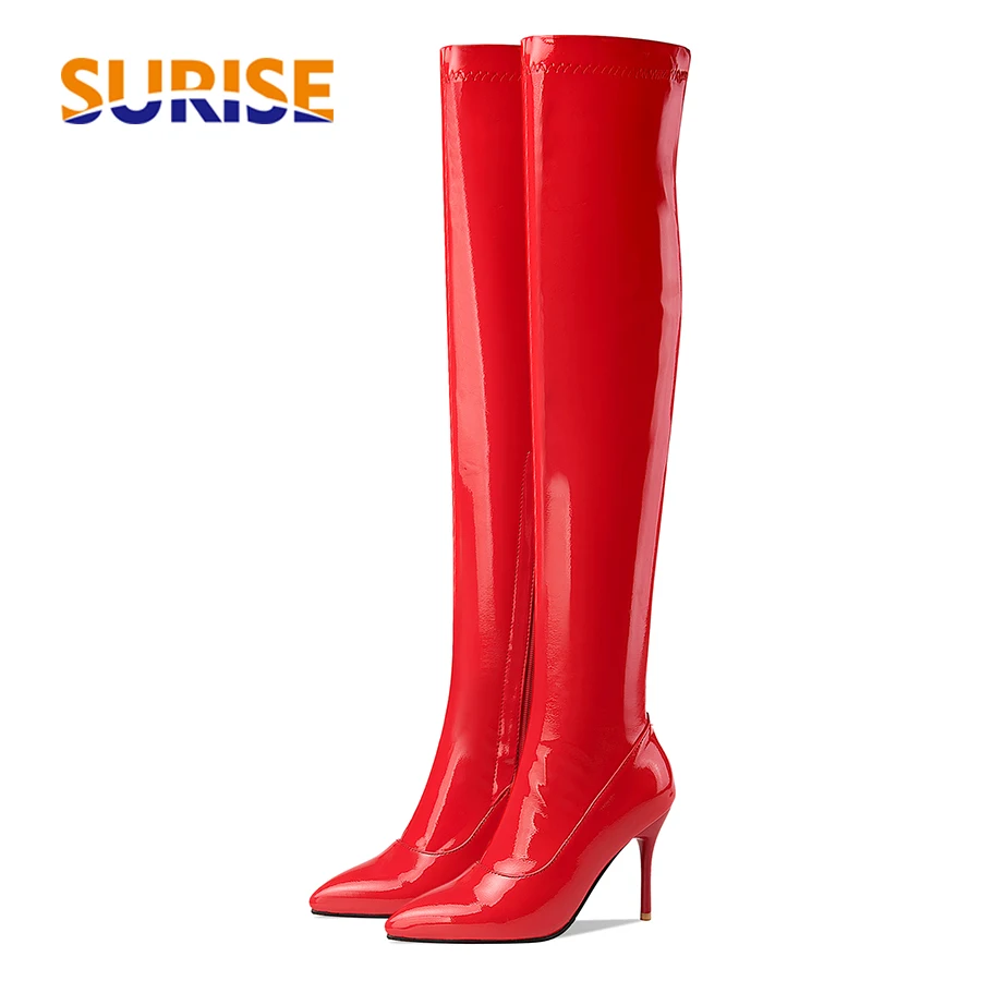 

Модные женские сапоги выше колена, красные, черные лакированные кожаные сапоги для вечеринок, клубных женщин, с острым носком, на высоком каблуке с шипами, сексуальные сапоги до бедра на молнии