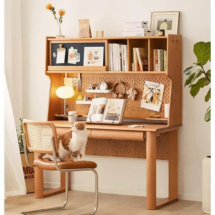 

Nordic simple solid wood computer desk, Japanese cherry wood home desk, children's study bookshelf integrated
