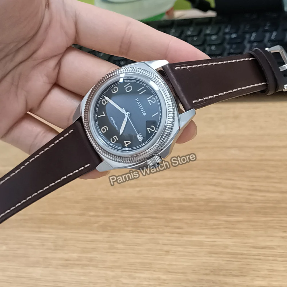 Parnis 41mm cristallo di zaffiro quadrante nero cinturino in pelle NH35 NH34 orologio meccanico automatico da uomo orologio da polso impermeabile da uomo