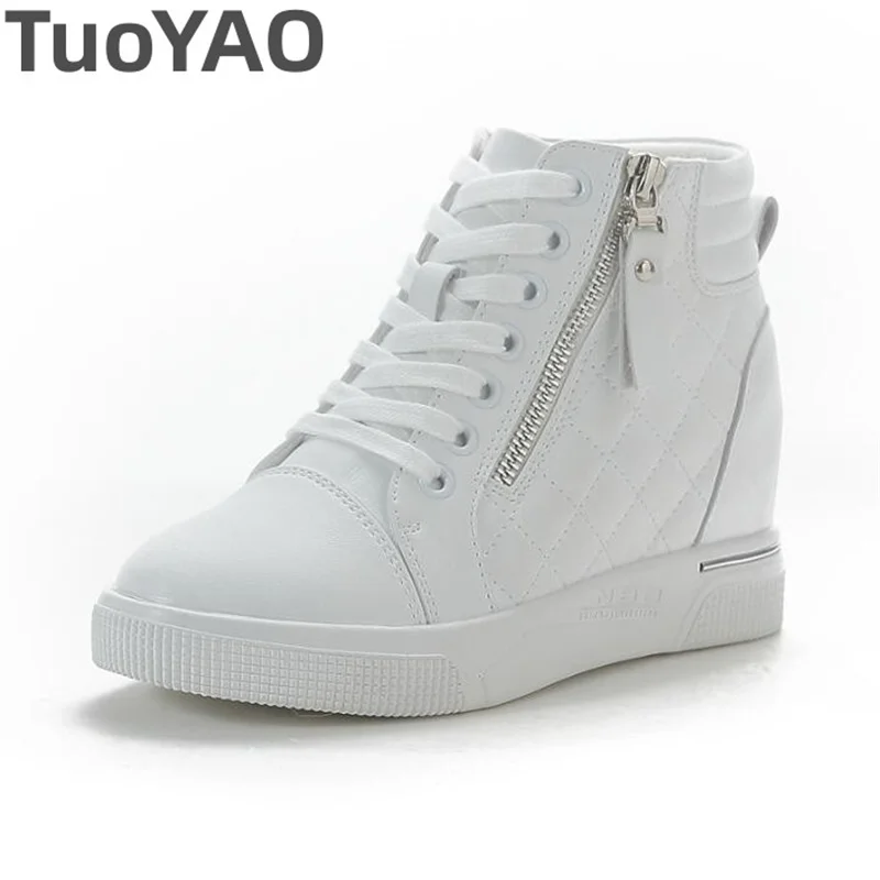 7cm Leather Microfiber Casual Platform Wedge Sneakers Women Shoes Hiden Heel Pumps Boots Women Spring Autumn White Black Shoes