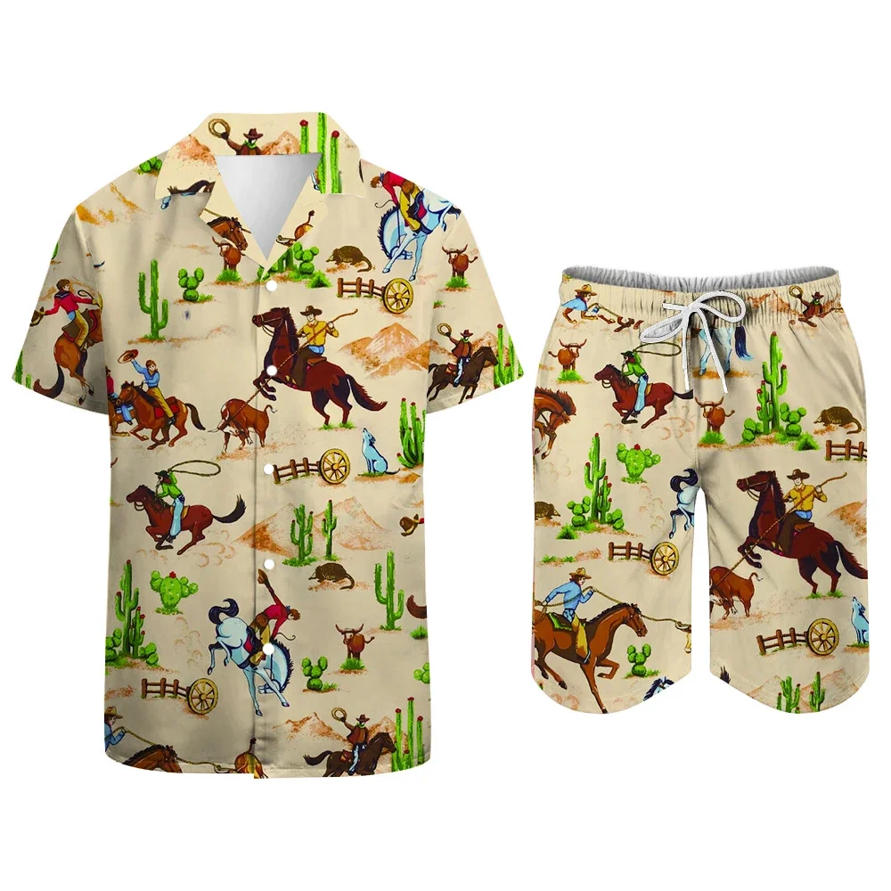 Vintage Cowboy Farm 3D Print Men Shirt Sets Short Sleeve Shirt Oversized Casual Beach Shorts Streetwear Hawaiian Suits Clothes