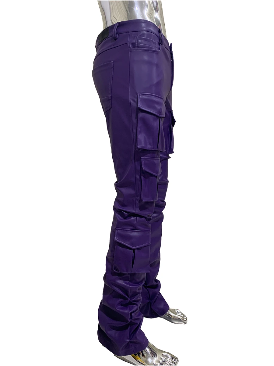 

Весенние эластичные мягкие фиолетовые брюки-карго из искусственной кожи, мужские брюки-карго с множеством трехмерных карманов, европейская модная одежда кожаные штаны мужские 2025