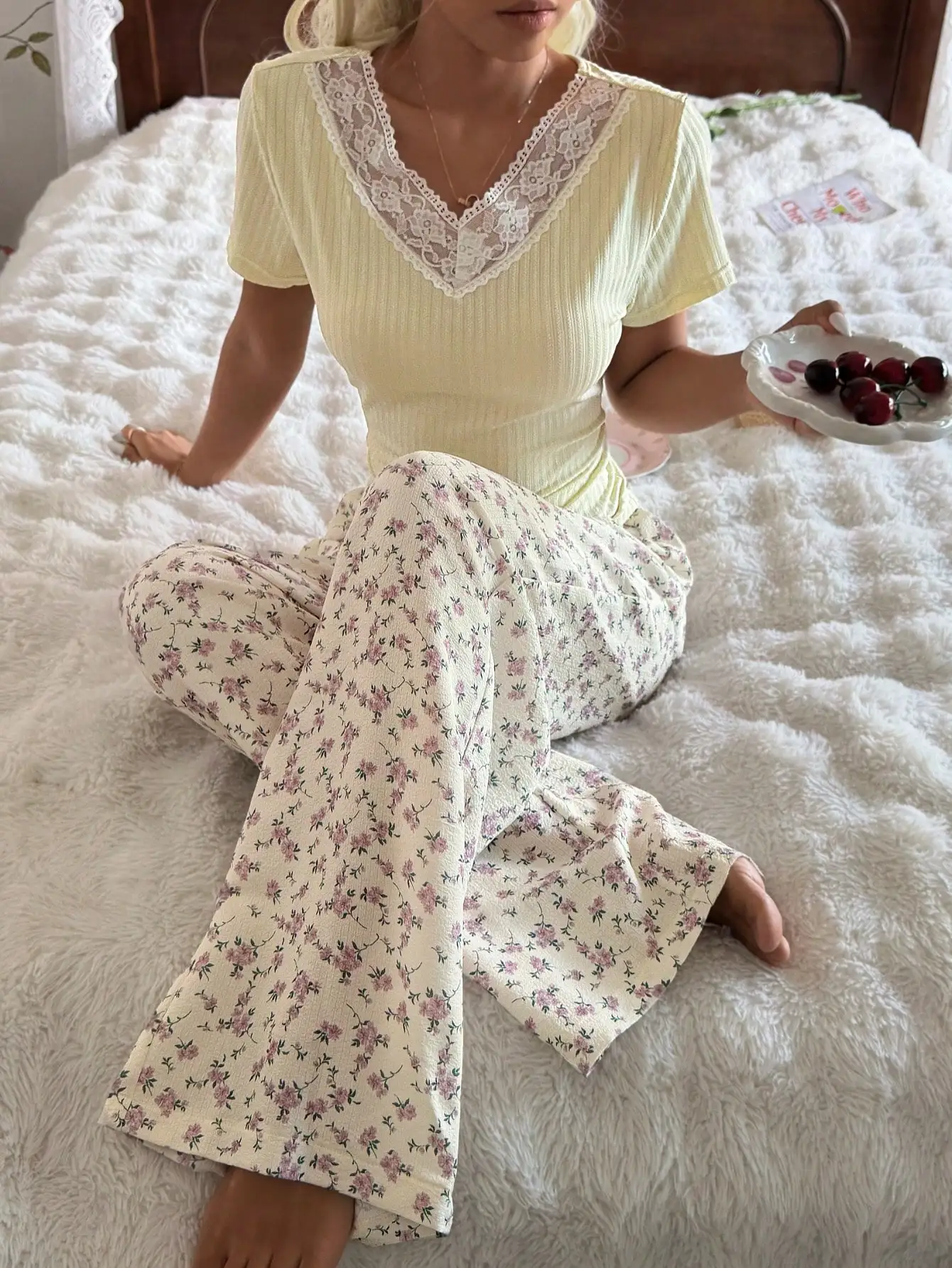 

CottageSlumber Lace Trim V-Neck Short Sleeve Top & Cherry Striped Print Thin Pants 2 Pieces Pajama Set
