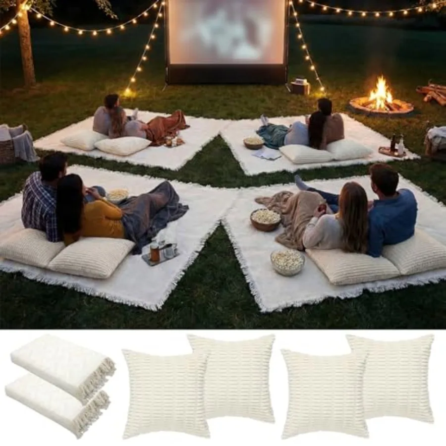 

2 Pcs Extra Large Outdoor Picnic Blanket 91" x 71" with 4pcs Throw Pillow Covers for Movie Party Woven Cotton Yarn Oversize Bea