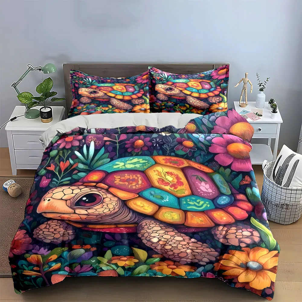 Buntes Turtle Art Decor Set Bettwäsche-Set mit 1 Bettbezug, 2 Kissenbezügen, Einzelbett, Doppelbett, King-Size-Bett, Queen-Size-Bett, Geschenk