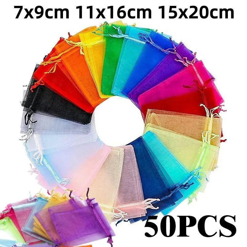 

50pcs/Lot Multicolor Jewelry Packaging Bag 7*9 11*16 15*20cm Organza Bags Storage Wedding Drawstring Pouches Wholesales 2042