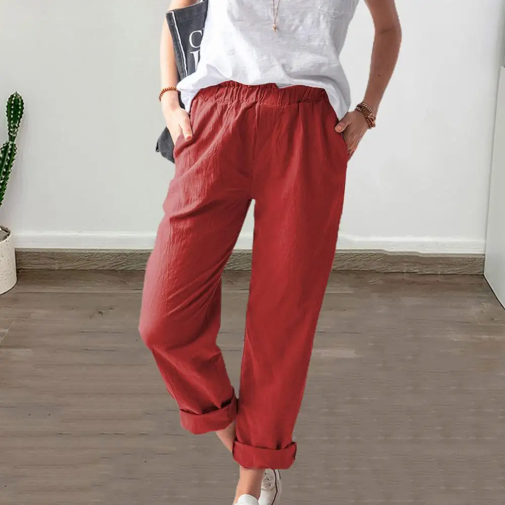 

Comfortable Pants Stylish Women's High Waist Pants with Pockets Elastic Straight Leg Trousers in Solid Colors Loose for Everyday