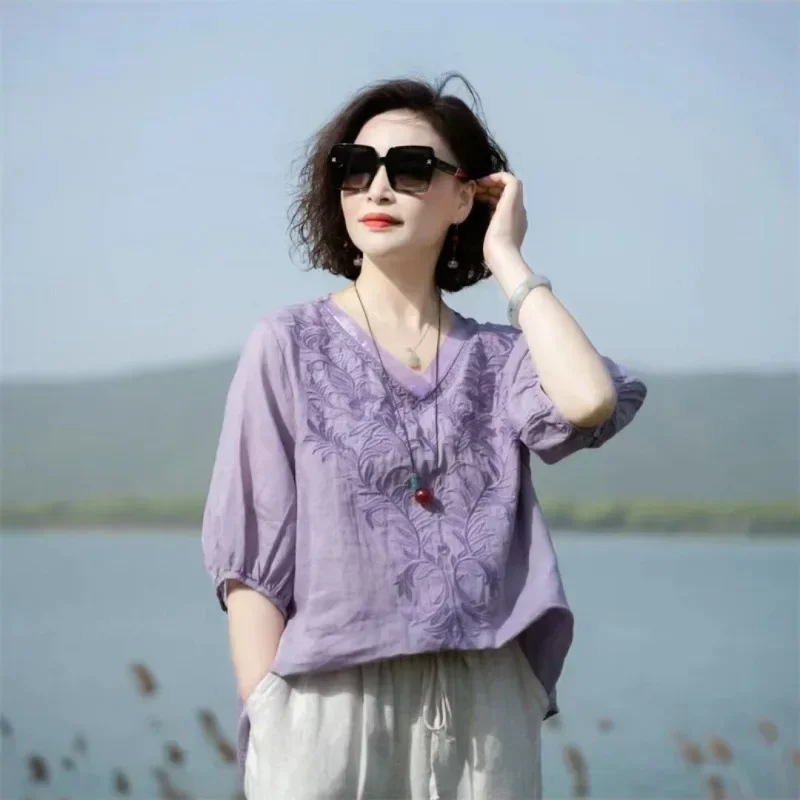 Summer New Literary Vintage Embroidery Cotton Linen Shirt Ladies Half Sleeve Loose Casual Fashion Blouse Women's Clothing Tops