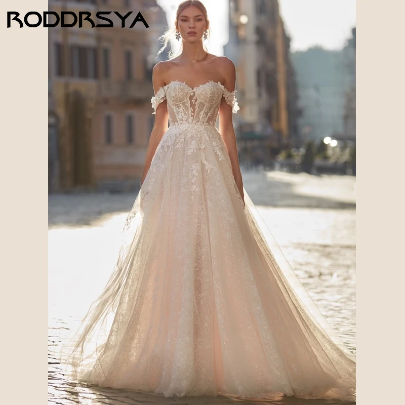 RODDRSYA-Robe de Mariée sans Bretelles en Tulle avec Imprimé Floral, Vêtement Dos auxavec lèvent et Appliques pour Patients Robe de Mariée sans Bretelles en Tulle avec Imprimé Floral, Vêtement Dos auxavec lèvent et App