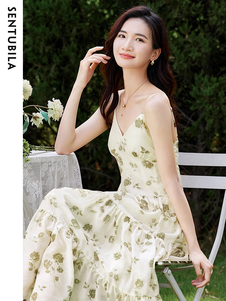 SENTUBILA Vacation Beach Floral Slip Midi Dress for Women A-Line Spaghetti Strap Romantic Sweet Female Holiday Dresses 133L51726