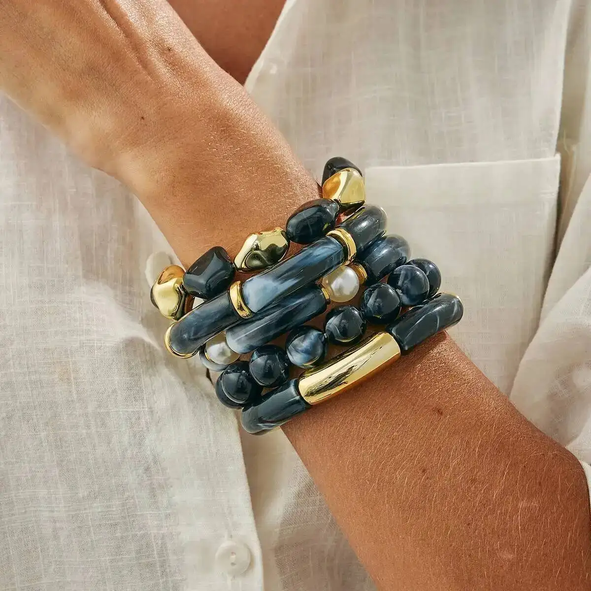 

KunJoe 5 Styles Vintage Black Acrylic Beaded Bracelets Women Trendy Stackable Irregular Elastic Rope Chain Bracelet Boho Jewelry