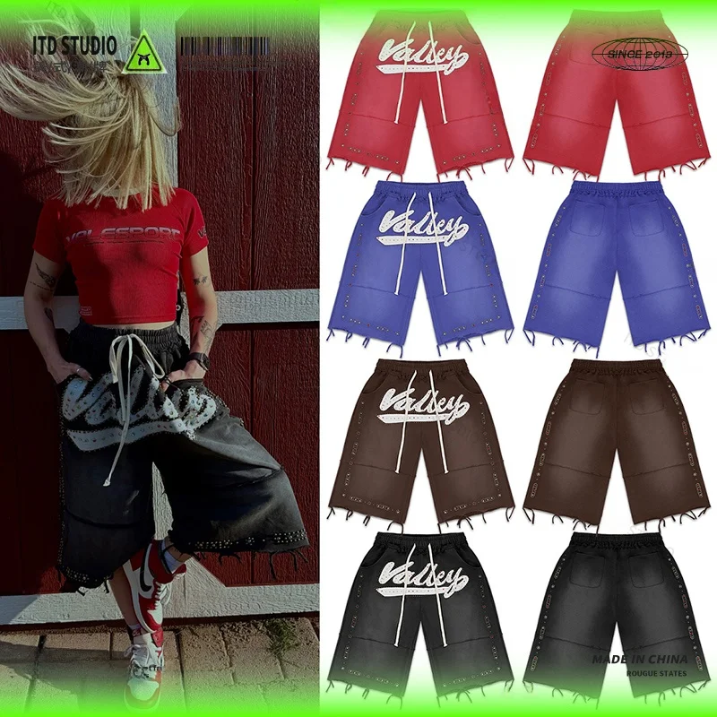 Vale Forever American High Street Style Worn Wide Leg Seven-Foot Pants Nail Head Embellished Frayed Trendy Streetwear