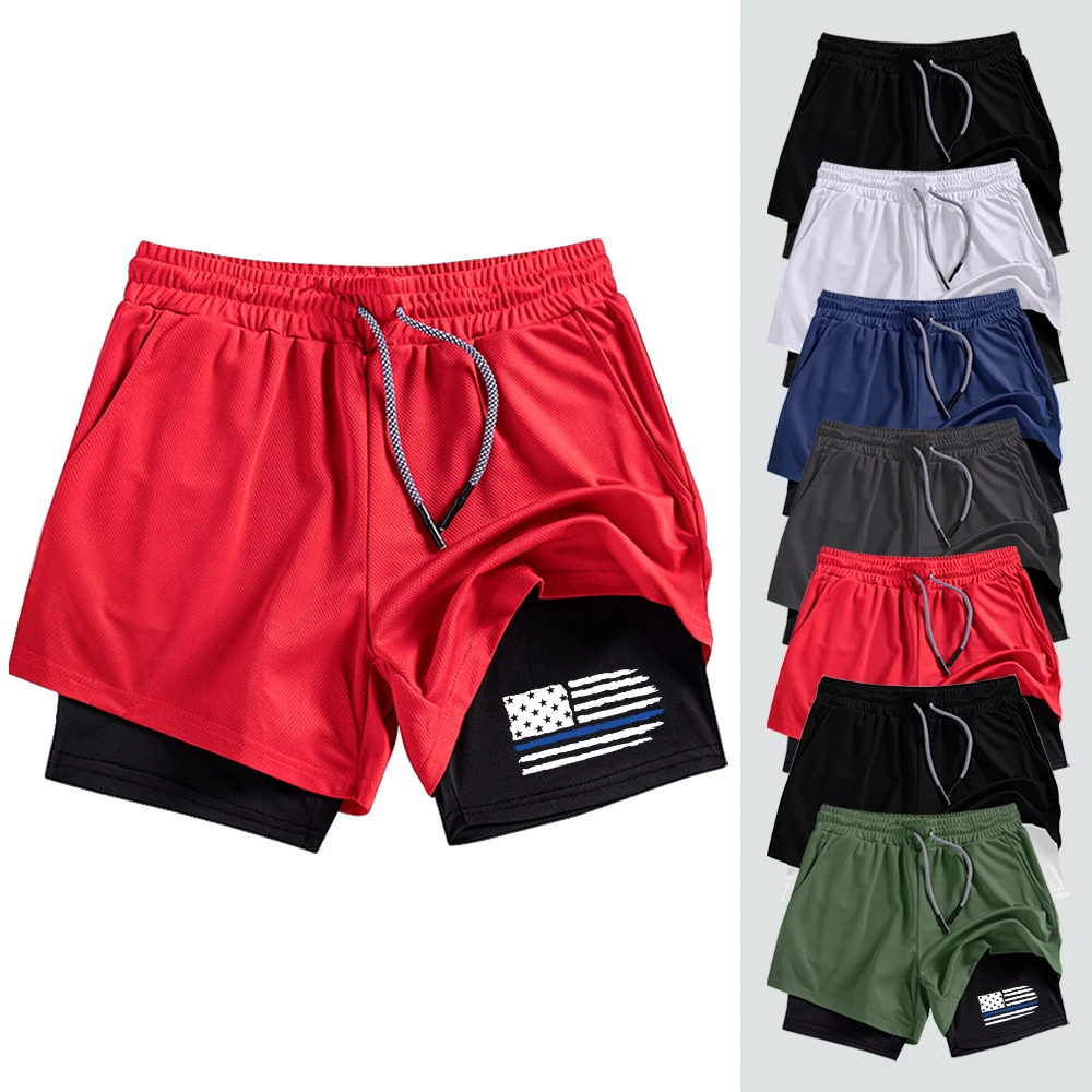 

Summer Quick Dry Men's Athletic Fitness Short Pants Double Layer Inner Liner with Pockets Towel Loop "Flag" Graphic Print
