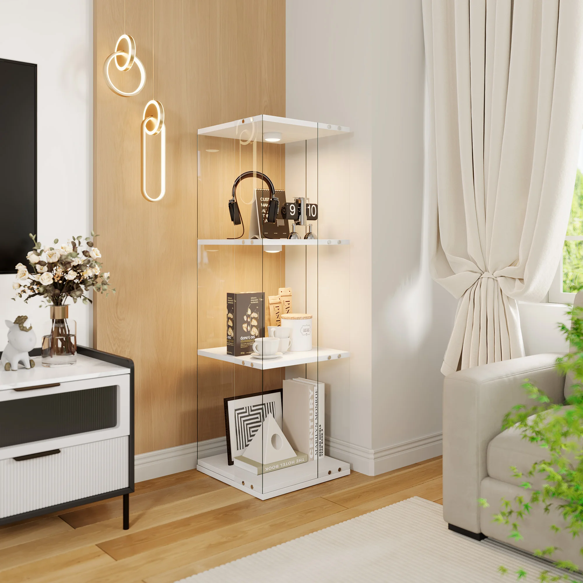 Vitrine 360 °   Vitrine rotative en verre trempé avec éclairage LED, 2 à 4 niveaux, porte simple, étagère à vin tournante pour figurines, objets de collection, décoration de bar à domicile
