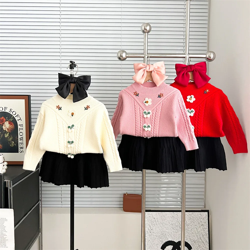 

Winter Children Clothes Suit Baby Girls Knitted Sweater + Skirts 2 Pcs Sets Kids Knitting Pullovers Girls Sweatshirts Coat tops