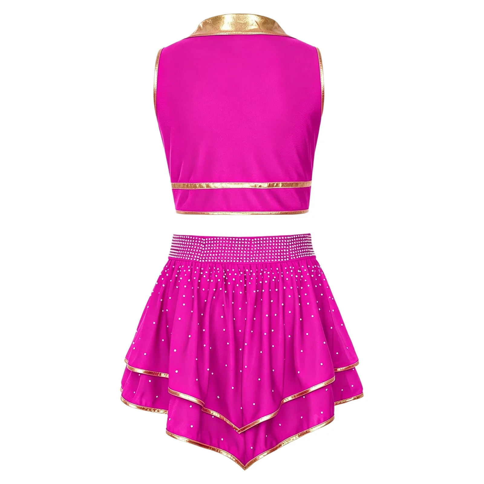 Cheerleader-Kostüm für Mädchen mit Metallic-Besatz, Strass-Cheerleading-Uniform, ärmelloses Crop-Top mit V-Ausschnitt und Rüschenrock – Detail 11