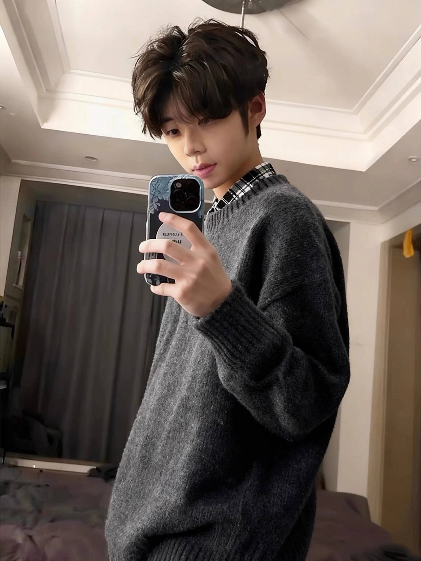 Deep ey Fce Lined Thiened round Ne Knitwear Men's Autumn Winter Casual Sle Inner Wear Base Layer Korean Lazy Sle