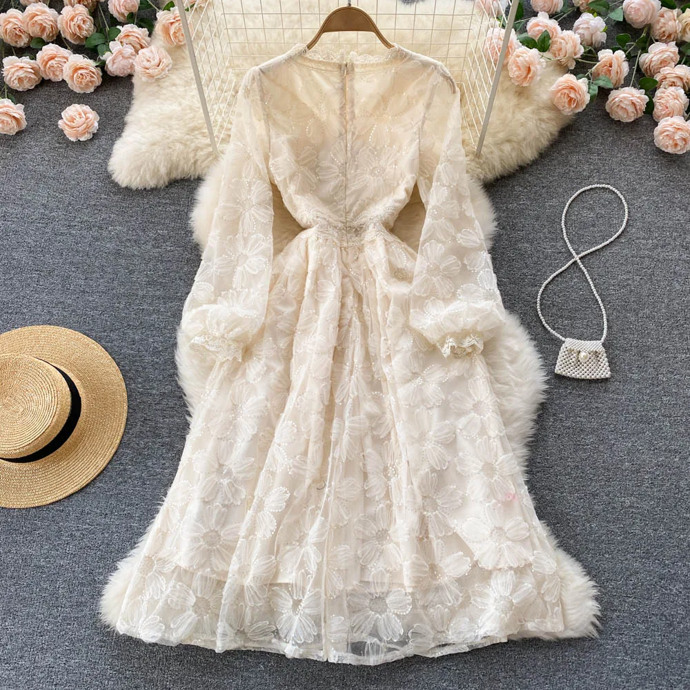 Elegant Women Lace Dress New Spring Summer Long Sleeve V Neck Fashion Dresses Female A-Line High Waist Vintage Sundress