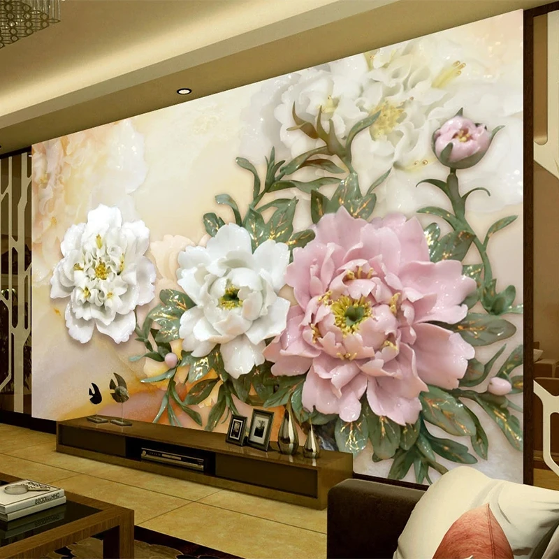 Custom Photo Wallpaper 3D Stereo Embossed Beautiful Peony Flower Mural Living Room TV Study Background Wall Decor 3D Wall Papers