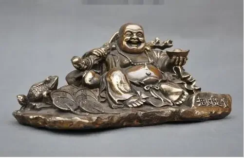 Chinese Buddhism Bronze yuanbao Money Golden Toad Wealth Maitreya Buddha Statue