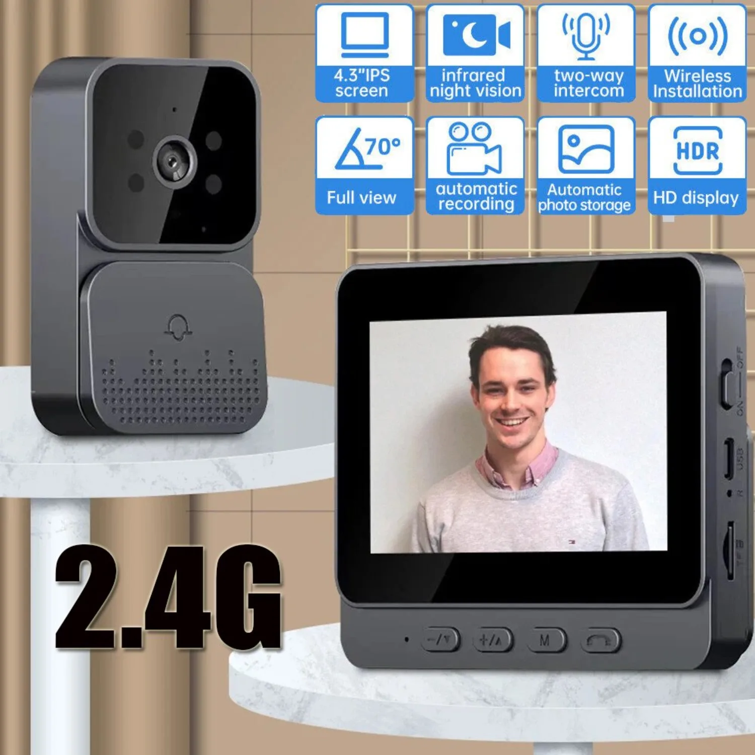 Kabellose Video-Türklingel mit Kamera 1080P, kabellose Video-Gegensprechanlage, 4,3-Zoll-IPS-Display, Familien-Gegensprechanlage, Farbdisplay und Außentürklingel mit Nachtsichtkamera, unterstützt