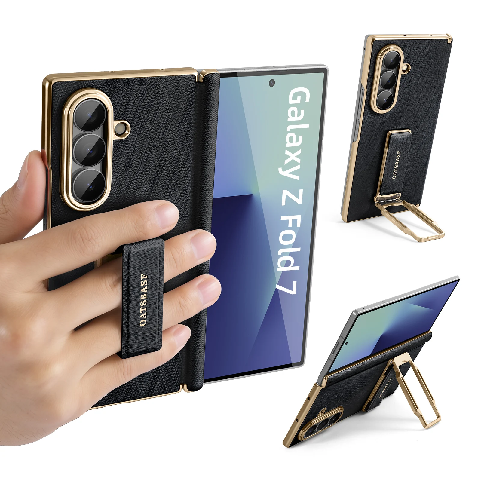 

Oatsbasf Phone Case for Samsung Galaxy Fold 7 with Strap Stand Metal 360° Rotatable Fold 7 Leather Case Bumper Protective Cover