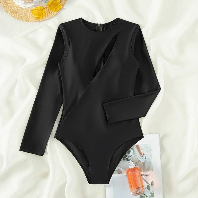 Solid Skinny Swim Suits for Women Casual Long Sleeve O Neck Hollow Out Bathing Suit 2025 New Beach Swimming One Piece Swimsuit