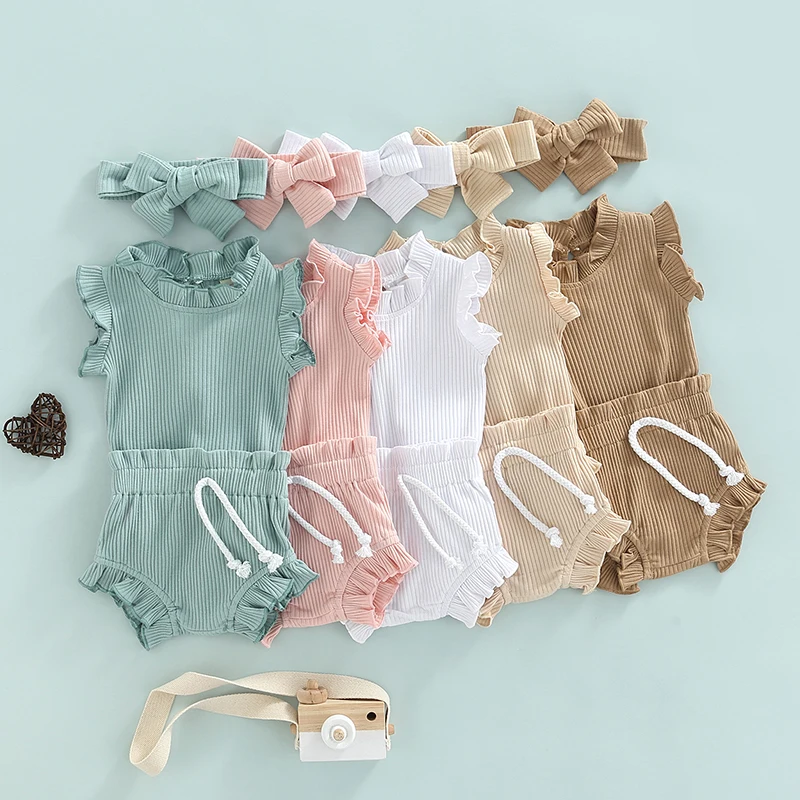 

0-18 Months Baby Boys Girls 3pcs Clothes Suit Infant Summer Sleeveless Romper + Shorts + Bow Headband Children Jumpsuit Clothing