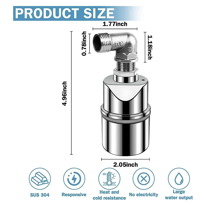 ABUP-Automatic Water Level Control Valve 1/2 Inch Stainless Steel Float Ball Valve For Tank Swimming Pool Elbow