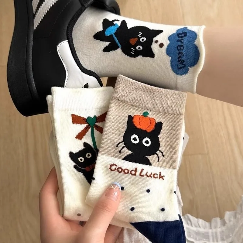 4 paires femmes mode polyvalent mi tube chaussettes élégant simple femmes chaussettes décontracté confortable mignon chat dessin animé mi tube chaussettes