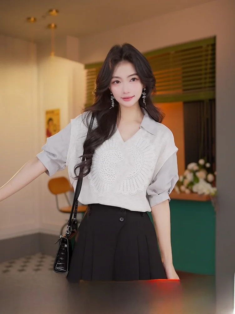 

Женская летняя модная свободная повседневная блузка Chen Jiajie с цветочным узором, коротким рукавом, комбинированным дизайном, из хлопка и полиэстера