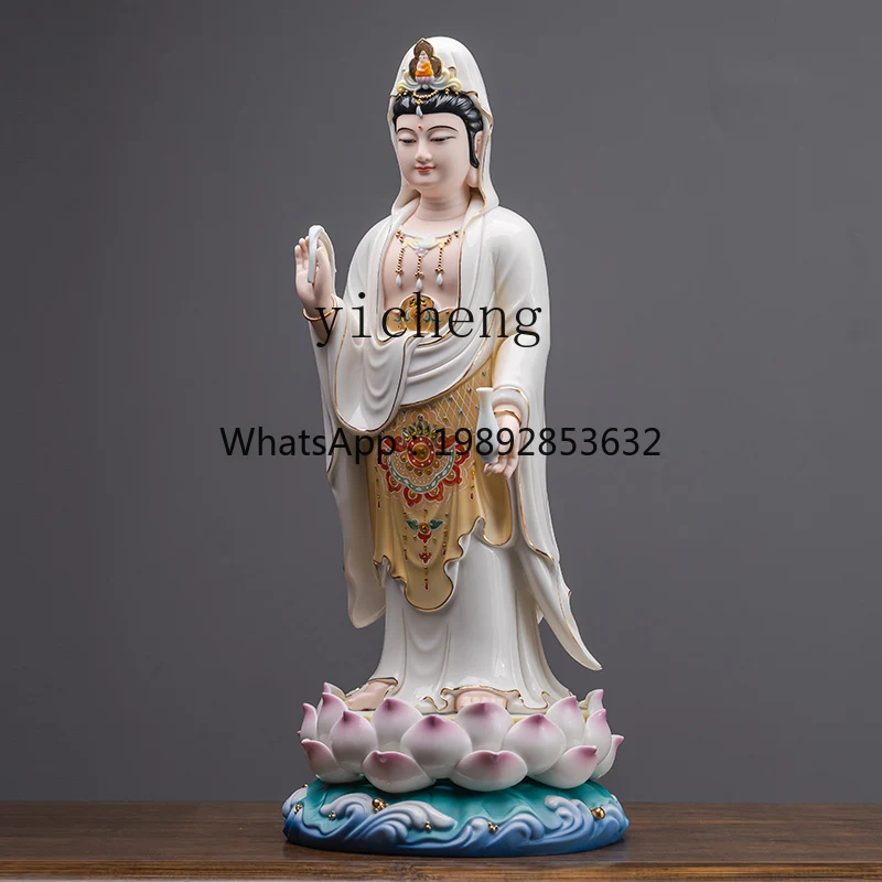 

DS Ceramic Guanyin Bodhisattva Statue Guanyin Bodhisattva Standing Statue Home Worship Ornament
