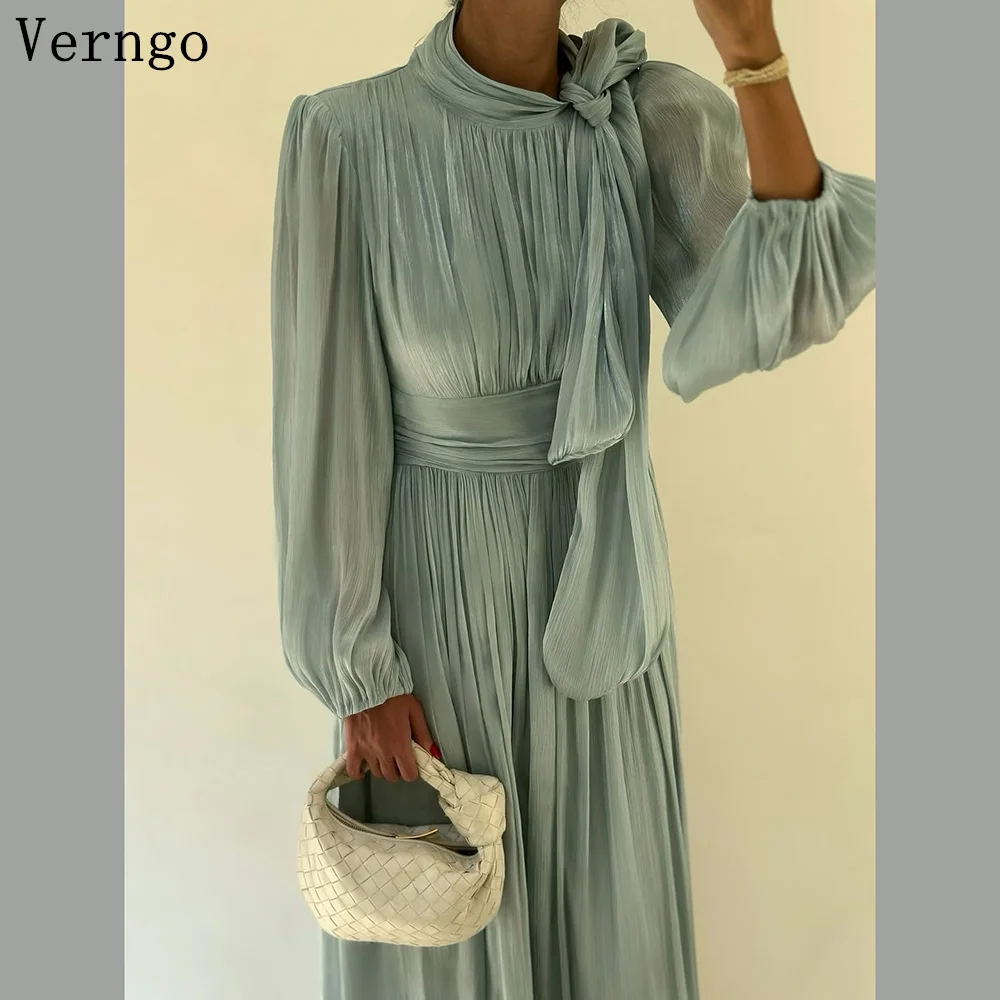 

Verngo Green Shiny Evening Dress High Neck A Line Full Sleeves A Line Prom Gowns Saudi Arabia Party Dress Customized
