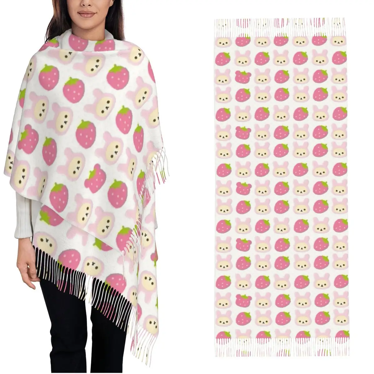 

Women's Scarf with Tassel Rilakkumas Large Winter Warm Shawl Wrap Strawberry Cartoon Gifts Cashmere Scarf