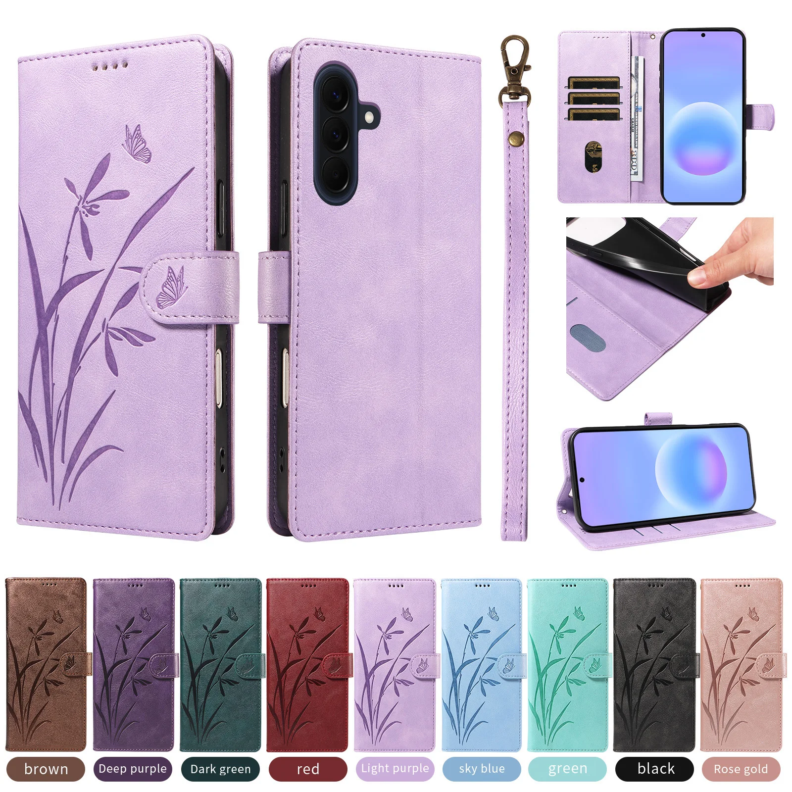 Magnetic Leather Phone Case on For Samsung Galaxy A57 A37 A27 A17 A07 A56 A36 A26 A16 A06 Cover Embossed Orchid Flip Wallet Card