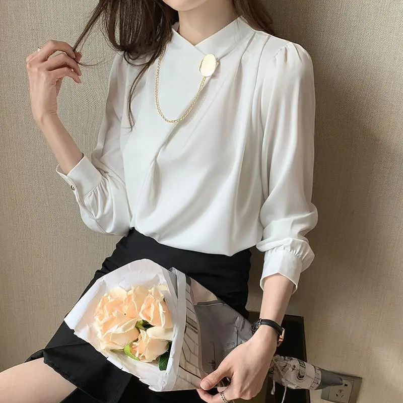 Women Fashion White Profession Office Wear Satin Blouses Urban Aesthetic Wild Long Sleeve Chain Design Solid Female Loose Shirt