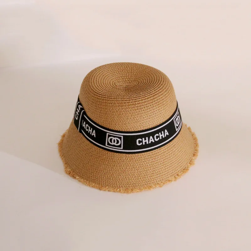 2022 Summer Letter Round Flat Top Raffia Fur Straw Cap Women Beach Shade Fashion Outdoor Panama Travel Ladies Bucket Hat