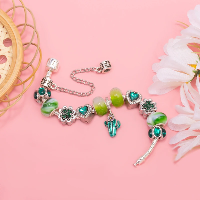 Fashion Green Vegetation & Clover Beads Chain With Cactus Pendents DIY Brand Charm Bracelet Jewelry For Women Making Gift New