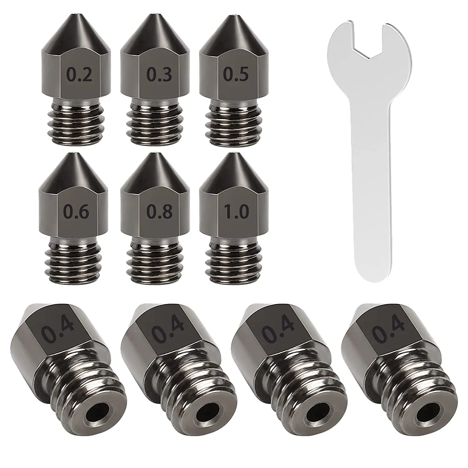 

3D Printer Nozzle 11Pcs Hardened Steel MK8 Extruder Nozzles 0.2mm 0.3mm 0.4mm 0.5mm 0.6mm 0.8mm 1.0mm for CR-10/ Ender 3/5 V2