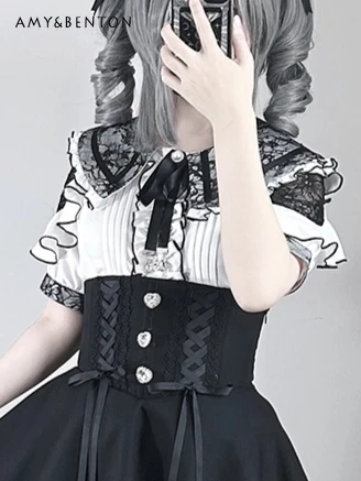 Japanese Lolita Mine Series Double Layer Lace Doll Collar Rhinestone Short Sleeve Sweet Off Shoulder Mass Production Shirt Women
