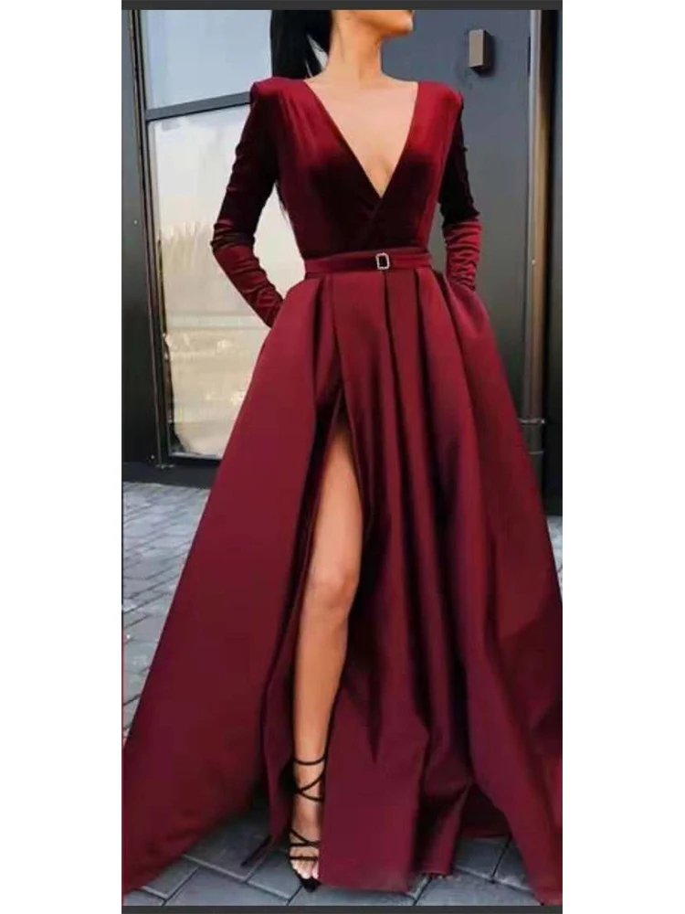 

New Women's Deep V Nack Long Sleeved Dress With Open Fork Large Swing Red Elegant Party Dresses For Women Clothing Vestidos