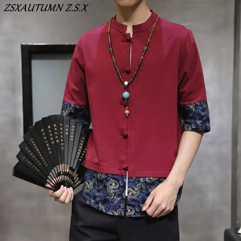 الصيف النمط الصيني خمس نقاط قصيرة الأكمام قميص الرجال القطن الصيني الكتان تانغ نمط Hanfu الملابس خمر المرقعة القمم
