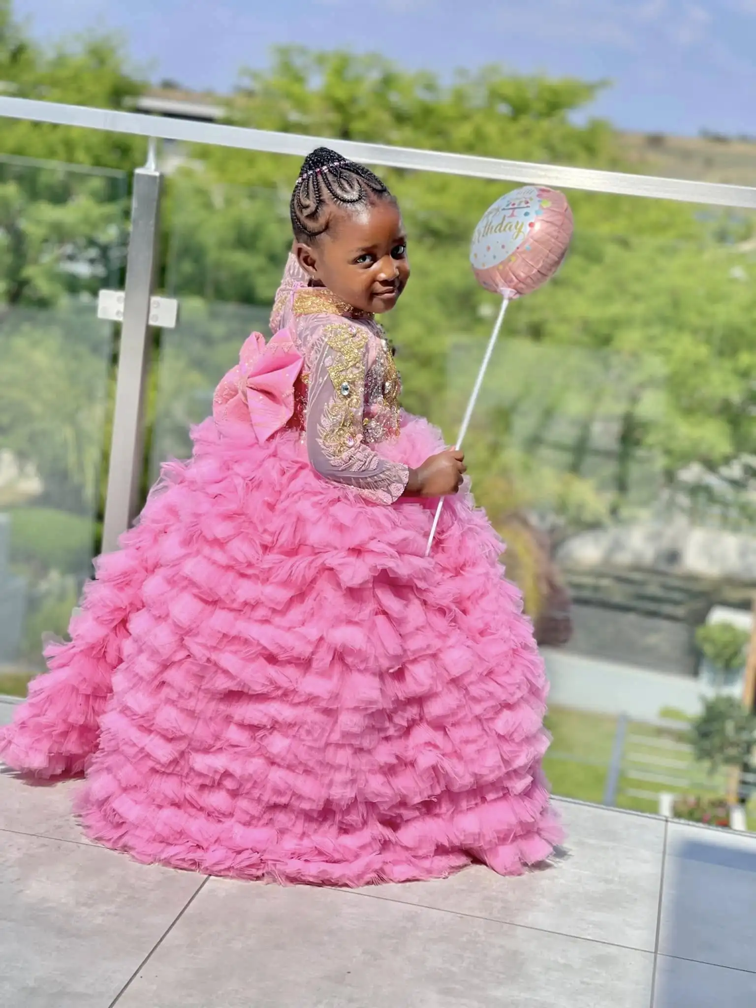 Robe de Luxe Rose à Fleurs pour Fille, Tenue de Princesse Personnalisée, à Col Haut, avec Perles, pour Première Communion, Cadeau d'Anniversaire pour Enfant