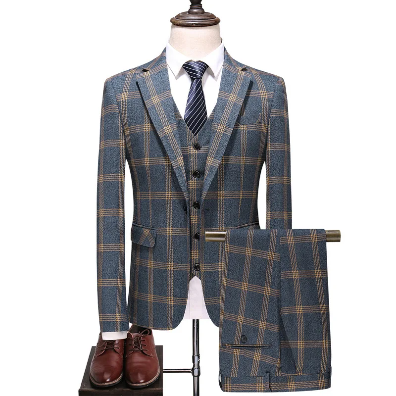 

Men Three-piece Suit Set Turn Down Collar Blazer Man Single-breasted Vest Stright-leg Pant Male Retro Plaid Slim Business Outfit